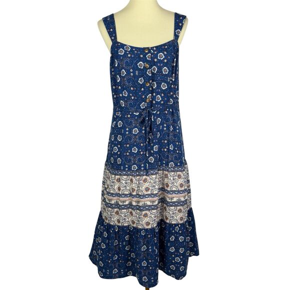 NEW Lucky Brand Blue Floral Fit & Flare Drawstring Waist Midi Sundress XL - Picture 1 of 9